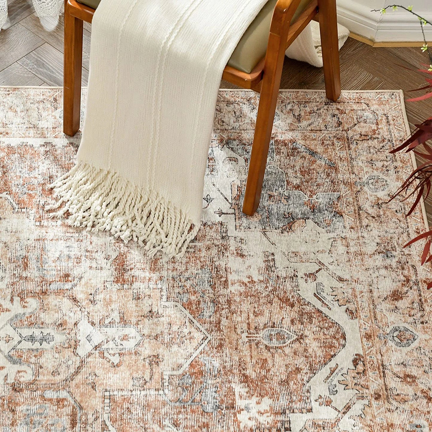 JINCHAN Area Rug 4X6 Persian Rug Vintage Rug Indoor Floor Cover Print Distressed Carpet Brick Red Multi Thin Rug Chenille Mat Foldable Accent Rug Lightweight Kitchen Living Room Bedroom Dining Room