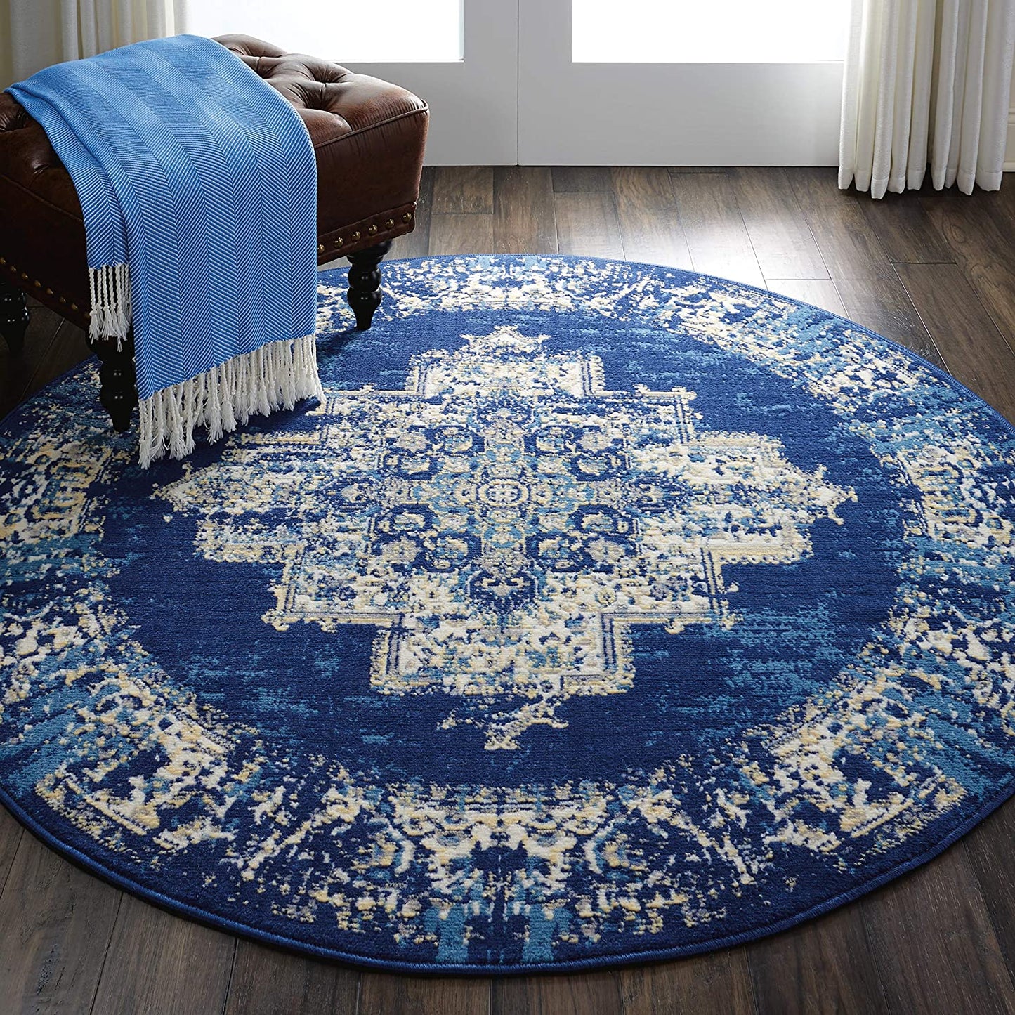 Grafix Persian Navy Blue 5'3" X round Area Rug, Easy Cleaning, Non Shedding, Bed Room, Living Room, Dining Room, Kitchen (5 Round)