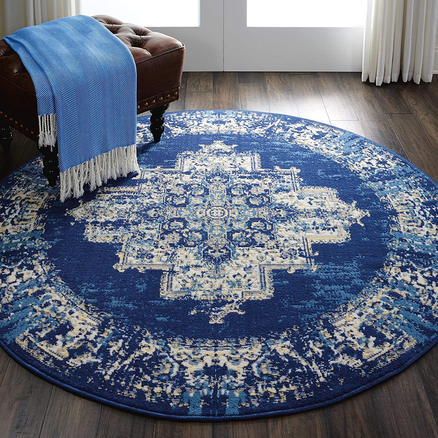 Grafix Persian Navy Blue 5'3" X round Area Rug, Easy Cleaning, Non Shedding, Bed Room, Living Room, Dining Room, Kitchen (5 Round)