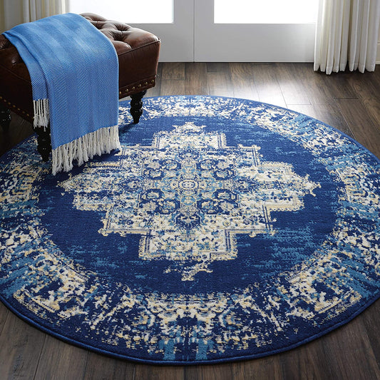 Grafix Persian Navy Blue 5'3" X round Area Rug, Easy Cleaning, Non Shedding, Bed Room, Living Room, Dining Room, Kitchen (5 Round)