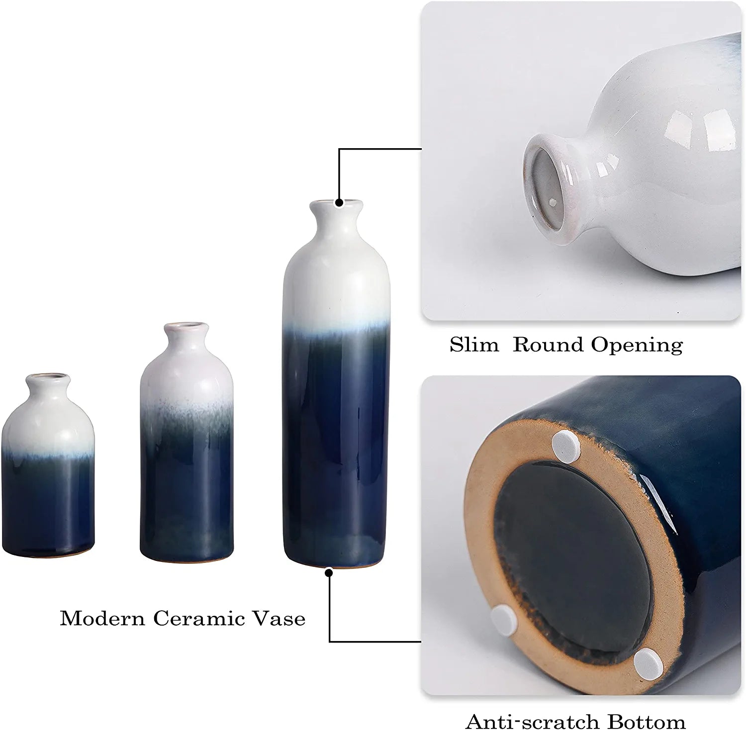 Modern Ceramic Vase for Home Decor, Set of 3 Glazed Blue and White Decorative Vases for Pampas Grass, Stoneware Vases for Mantel,Table, Shelf, Living Room Decoration, 11.8 Inch