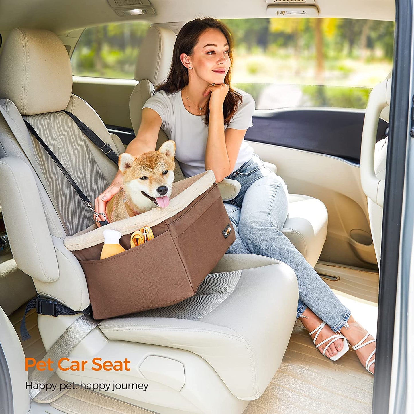 Dog Car Seat, Pet Booster Seat for Small Dogs up to 18 Lb, with Adjustable Straps, Removable Washable Fleece Liner, 4 Pockets, for Front Seats, Back Seats, Brown and Beige UPBS042K01