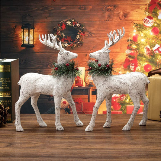 Reindeer Christmas Decoration Christmas Deers 12'' Standing Reindeer Decorations Christmas Deer Figurines Ornament Figurines with Red Berry Stem Pine Wreath, Indoor Tabletop Decorative