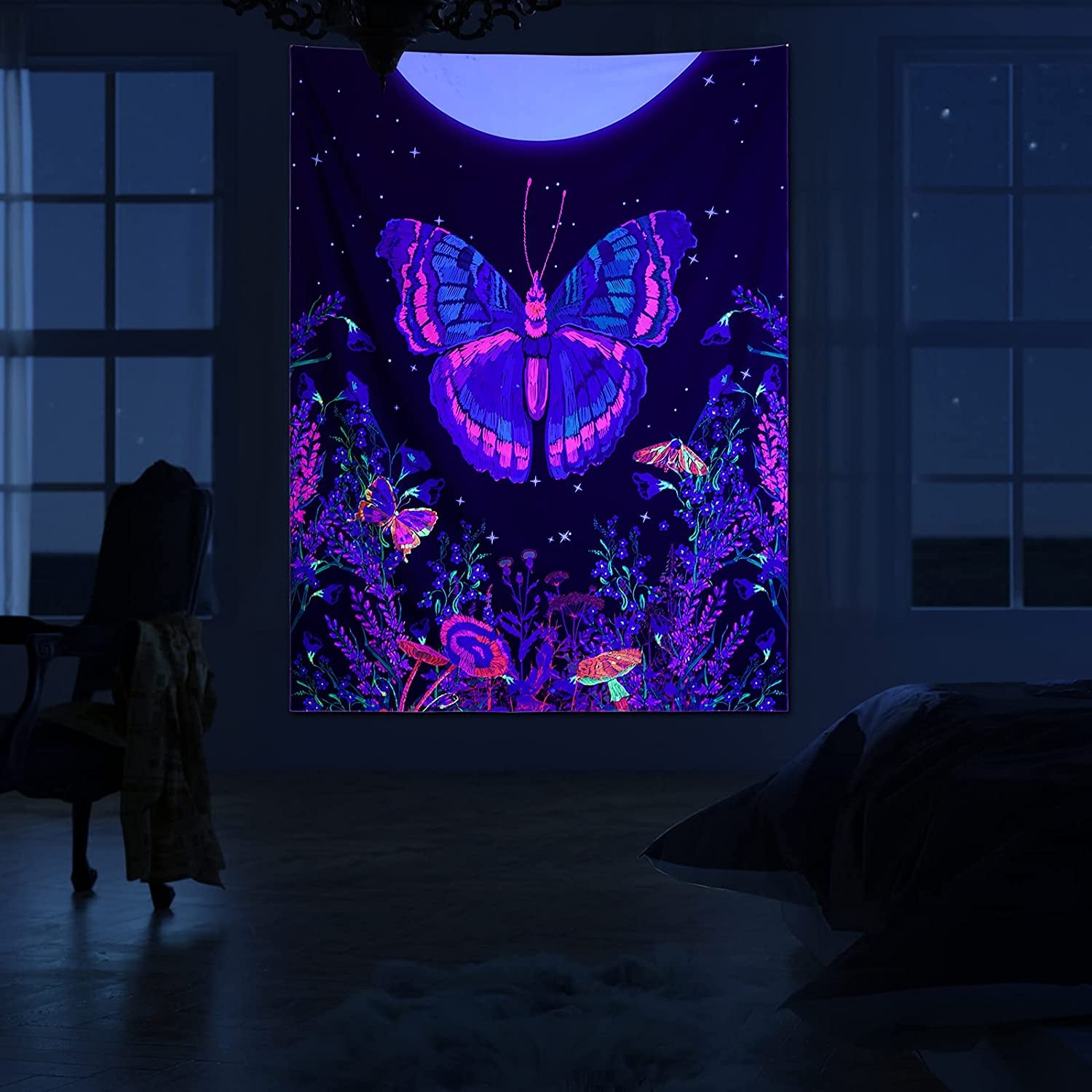 Blacklight Butterfly Tapestry, Moonlit Garden Black Light Wall Tapestry Butterflies Flower Moon Aesthetic Tapestry Wall Hanging for Bedroom (48 X 63 Inches)