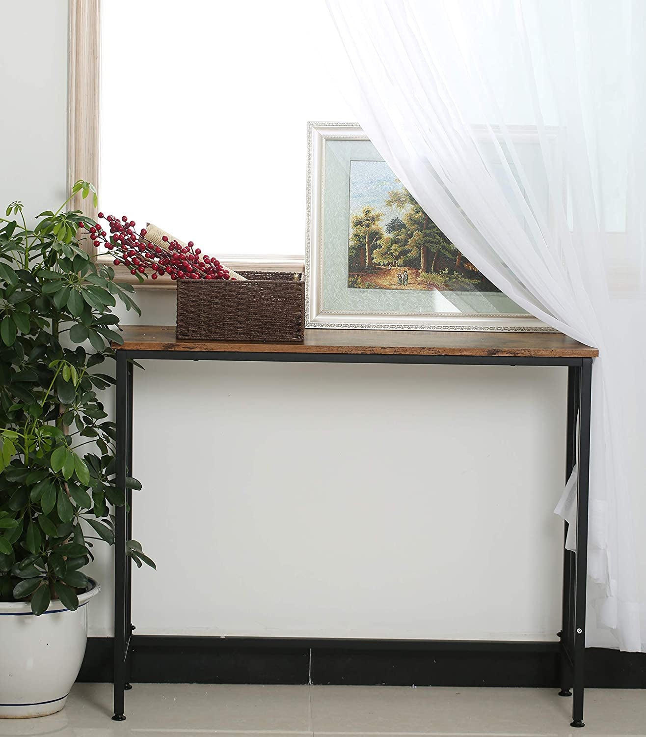 Industrial Console Table, Sofa Table for Living Room，Hallway，Entryway, Entrance Hall, Corridor - Wood Look Metal Frame 38.6" L X 11.8" W X 30.7H - Rustic Brown