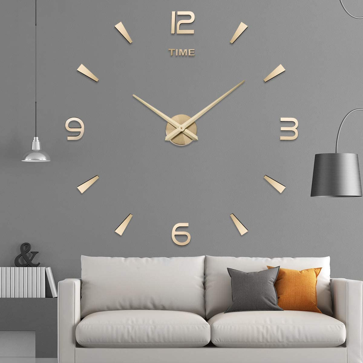 3D DIY Wall Clock Decor Sticker Mirror Frameless Large DIY Wall Clock Kit for Home Living Room Bedroom Office Decoration (Gold)