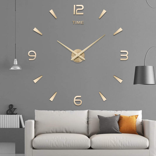3D DIY Wall Clock Decor Sticker Mirror Frameless Large DIY Wall Clock Kit for Home Living Room Bedroom Office Decoration (Gold)