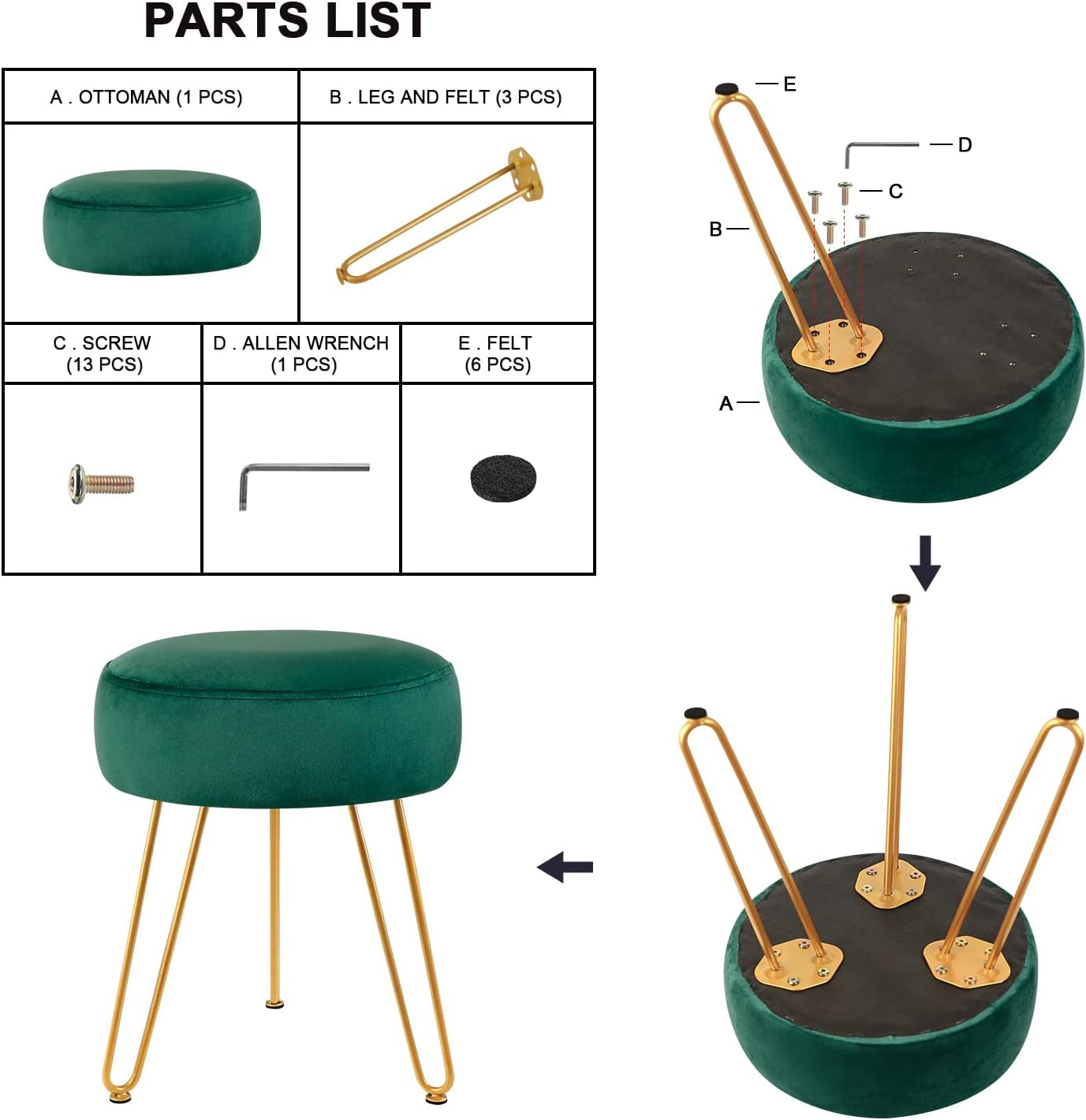 round Velvet Footrest Stool Ottoman Modern Foot Stool with 3 Golden Metal Leg, for Dressing Table Stool, Shoes Bench in Living Room Bedroom