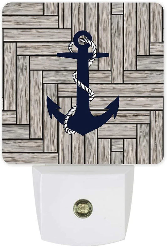 LED Plug-In Night Light Auto Dusk to Dawn Sensor Decor Nautical Navy Blue Anchor Lamp for Bedroom,Bathroom,Kitchen,Hallway,Stairs,Hallway Retro Wooden Texture