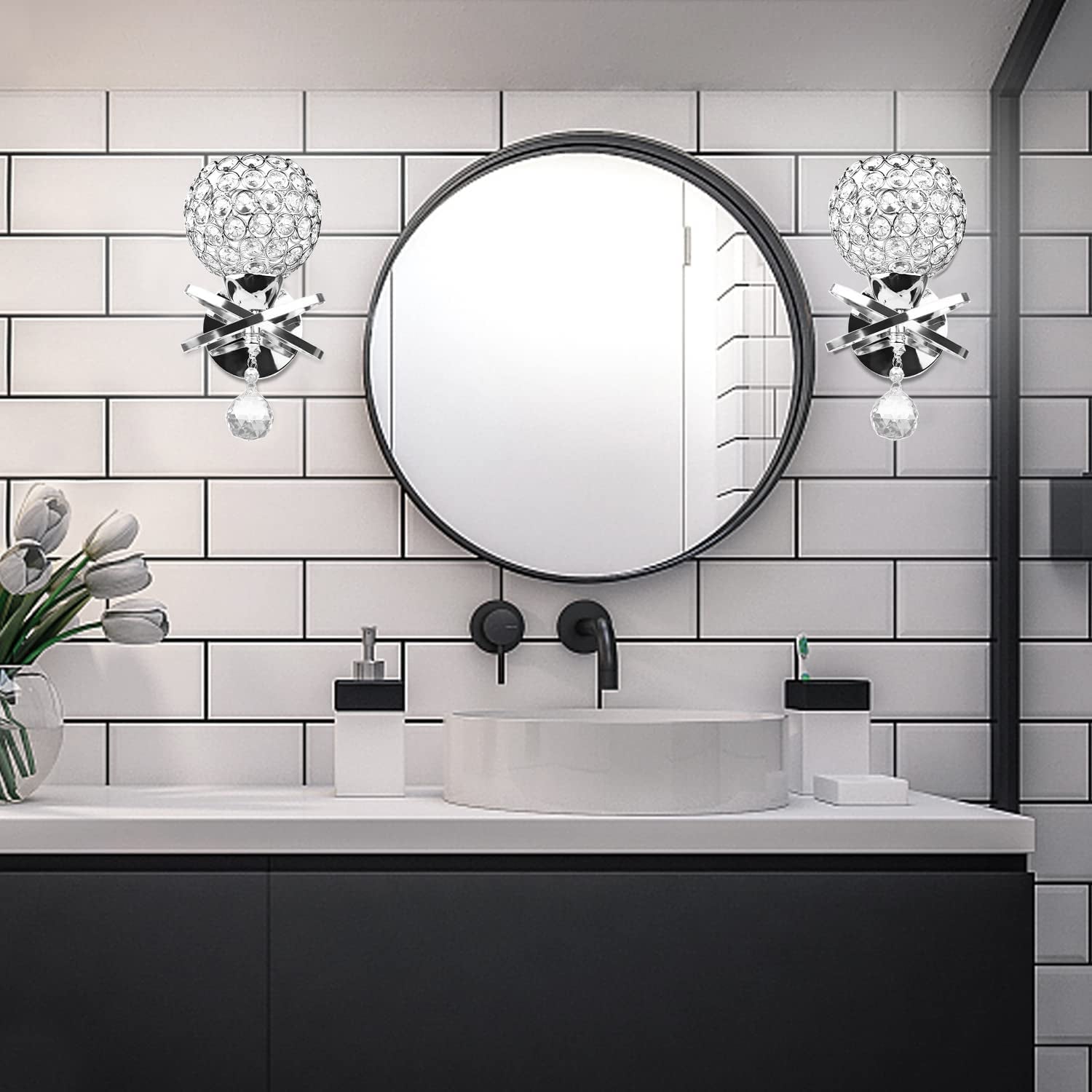 Crystal Wall Sconces Set of Two, Modern Wall Light Sconces Wall Lighting with Hanging Crystal Ball, Wall Mount Lamp Bedside Wall Lamp Silver Sconces Wall Decor for Bedroom Living Room Hallway