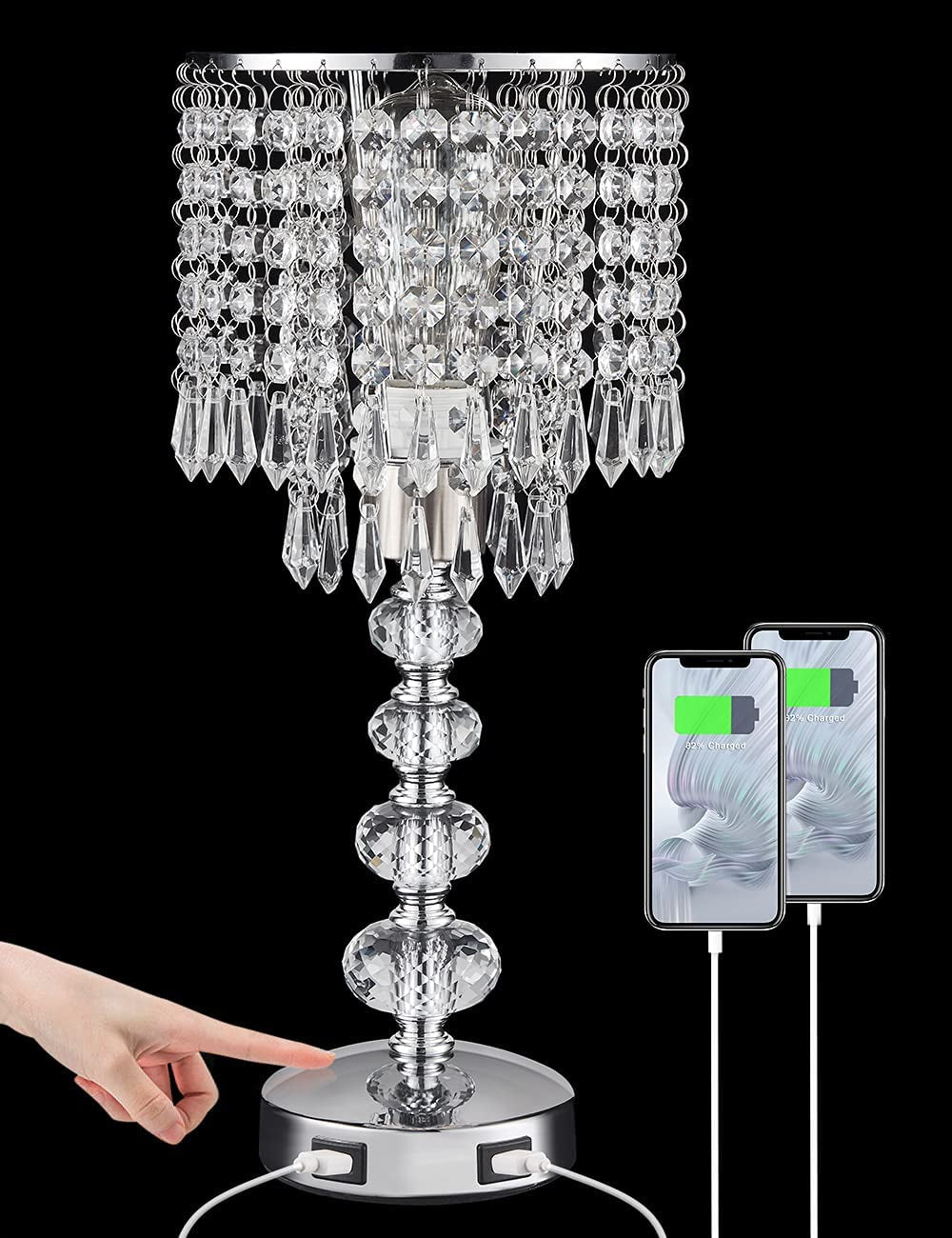 Crystal Table Bedside Lamp Touch Control, 3-Way Dimmable and Bulb Included,  Medium Nightstand Lamp with 2 USB Charging Ports, Decorative Tabletop Lamp for Bedroom, Living Room and Guest Room
