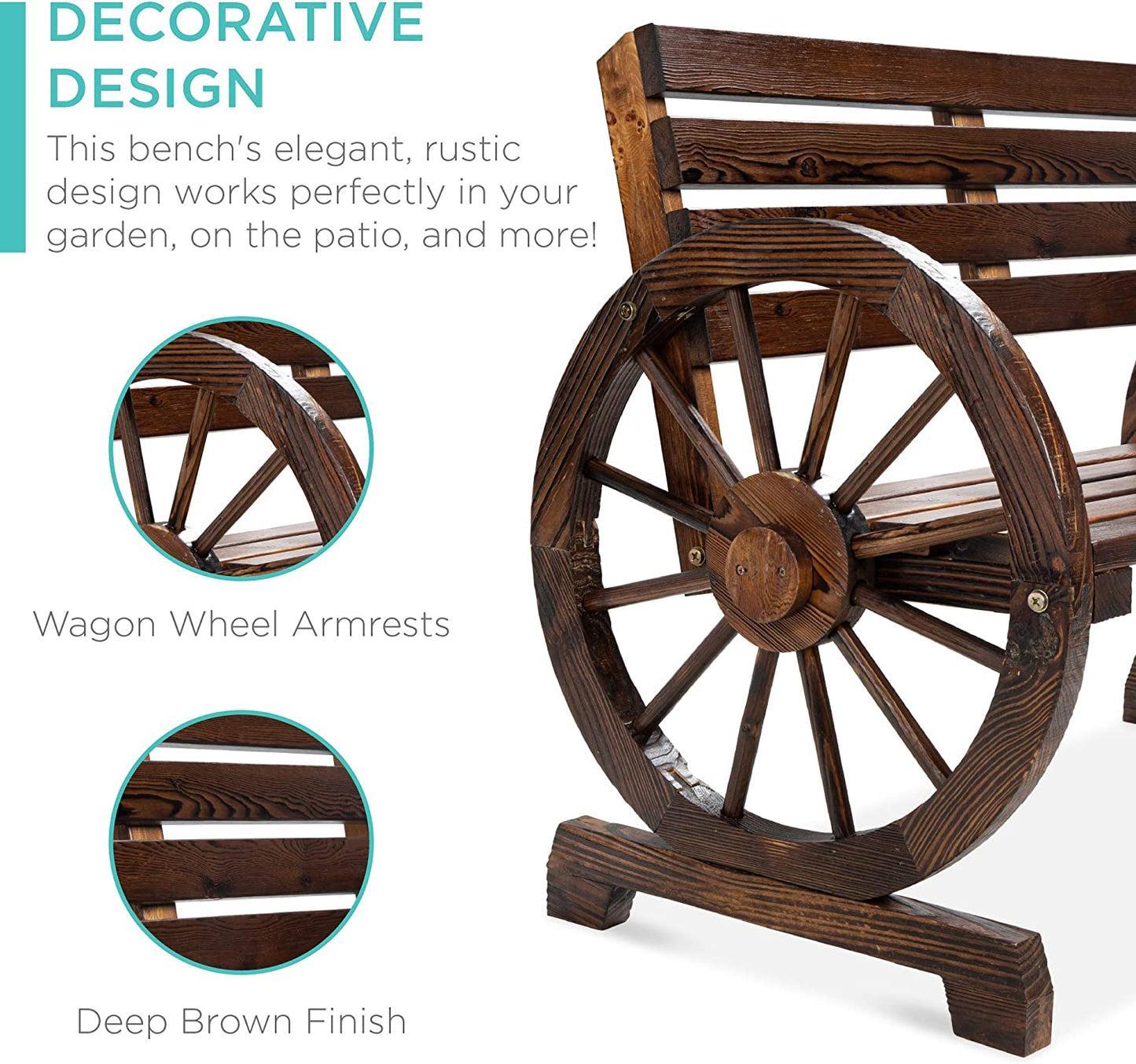 2-Person Wooden Wagon Wheel Bench for Backyard, Patio, Porch, Garden, Outdoor Lounge Furniture W/Rustic Country Design, Slatted Seat and Backrest - Brown