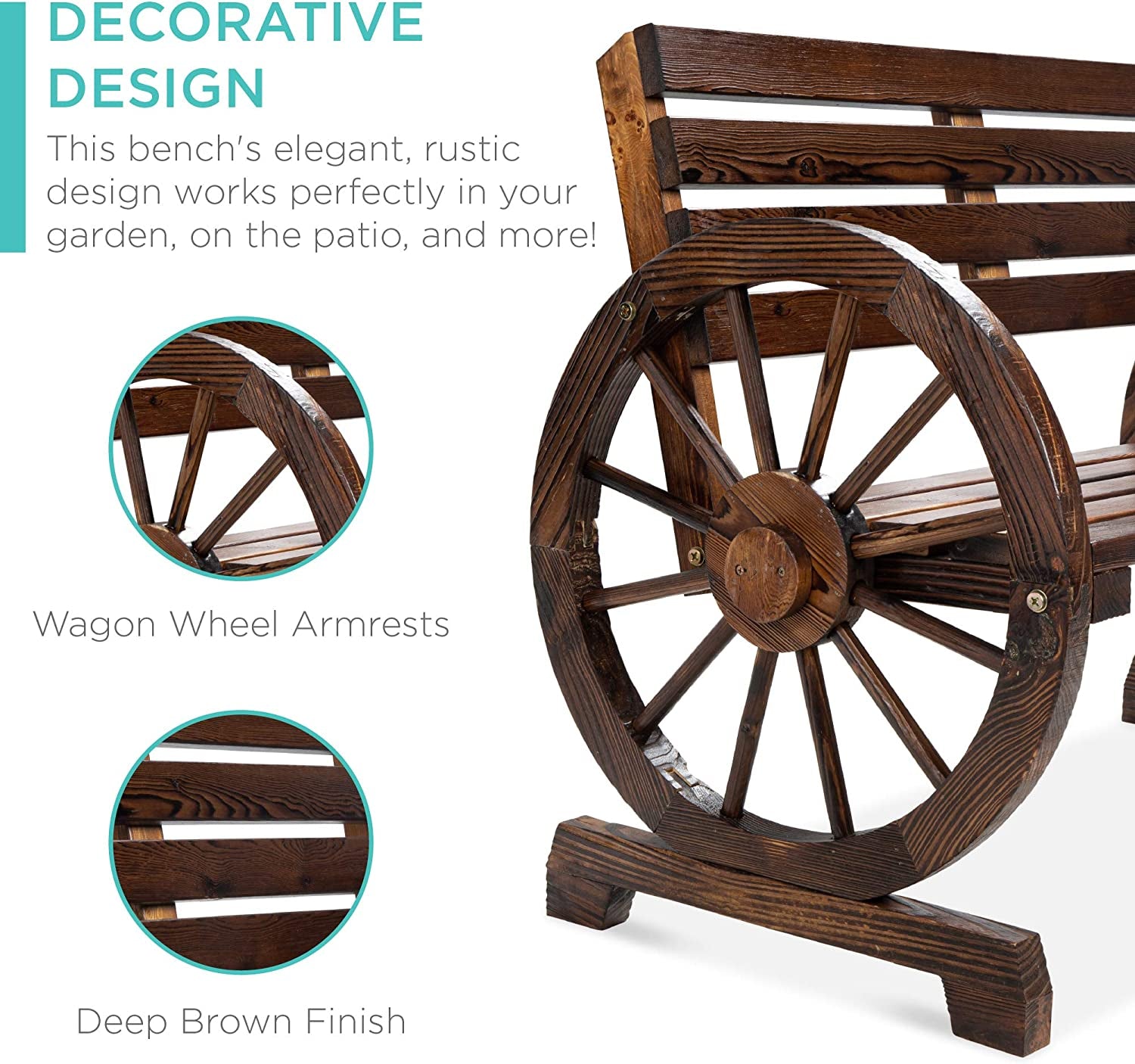 2-Person Wooden Wagon Wheel Bench for Backyard, Patio, Porch, Garden, Outdoor Lounge Furniture W/Rustic Country Design, Slatted Seat and Backrest - Brown