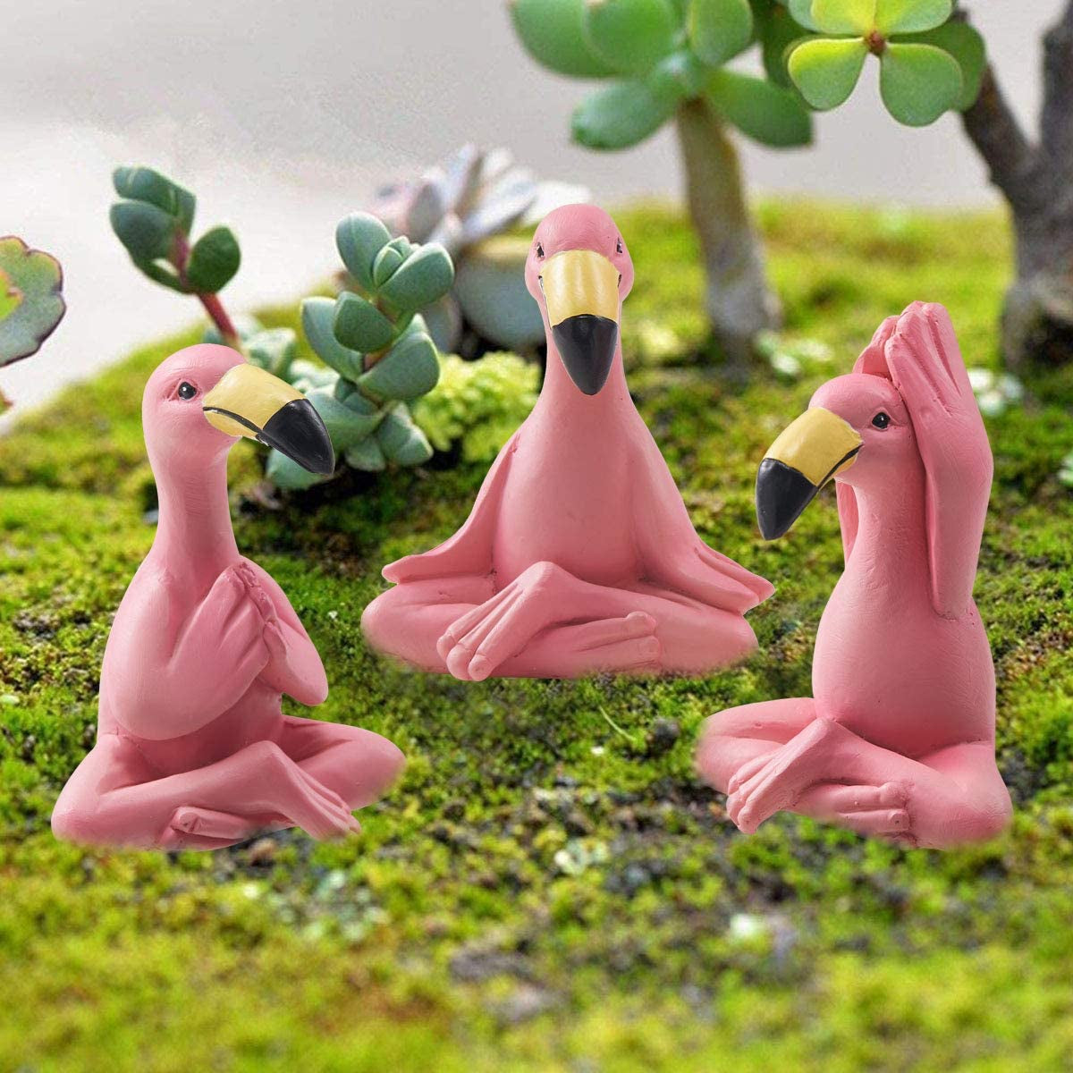 Goodeco Mini Yoga Flamingo Figurine - Whimsical Kawaii Pink Flamingo Desk Decor, 2.4" Tall Set of 3 Fairy Garden Lawn Statues, Flamingo Gifts for Women/Mom/Grandma/Girls,Tiny Gifts for Christmas