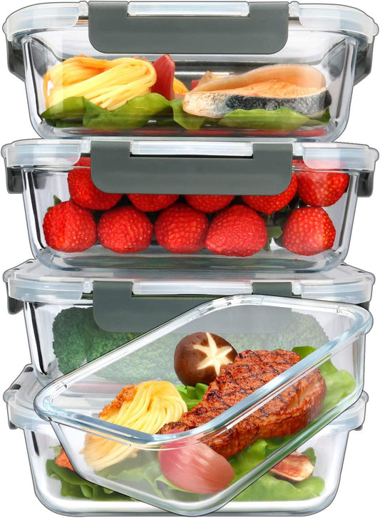 [5-Packs, 36 Oz.] Glass Meal Prep Containers with Lifetime Lasting Snap Locking Lids Glass Food Containers,Airtight Lunch Container,Microwave, Oven, Freezer and Dishwasher (4.5 Cup)