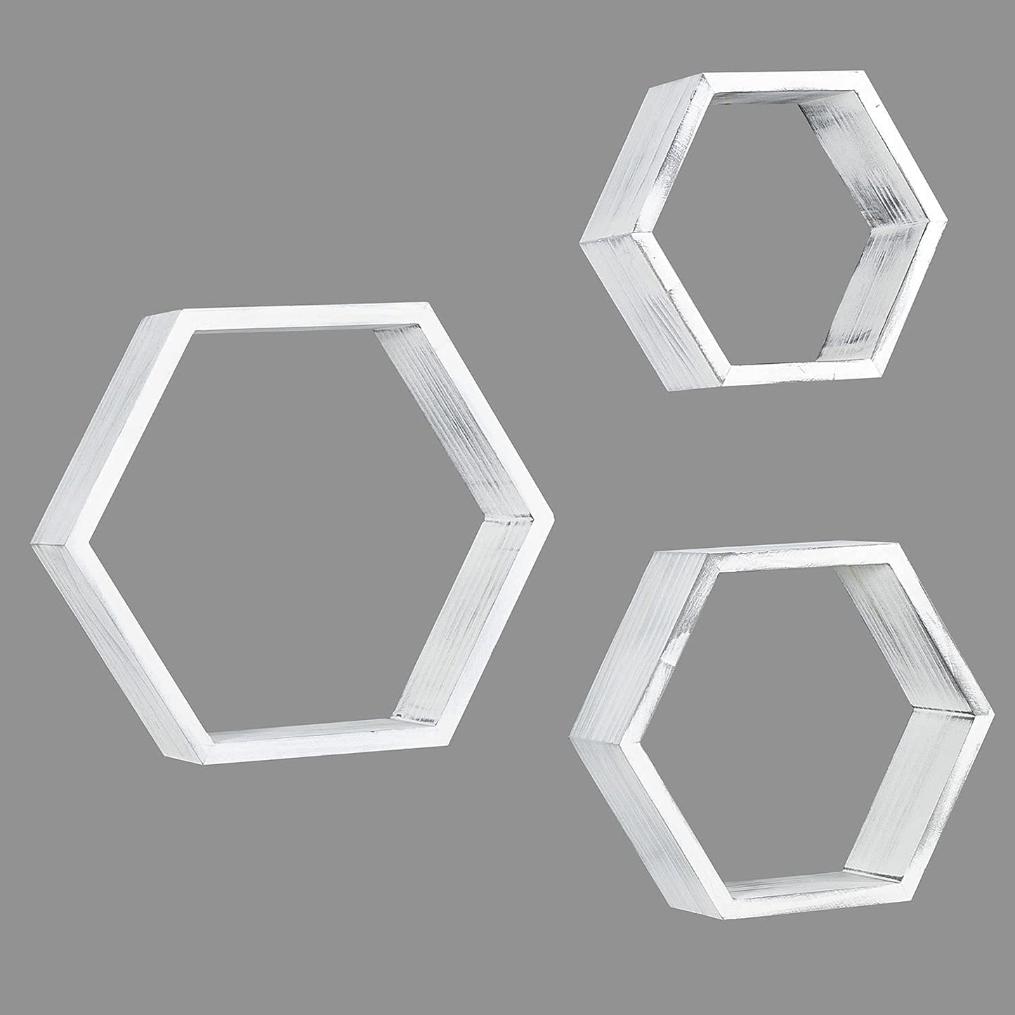 Wall Mounted Hexagon Floating Shelves, Wooden Wall Organizers Hanging Shelf for Home Decor, Set of 3, Rustic White