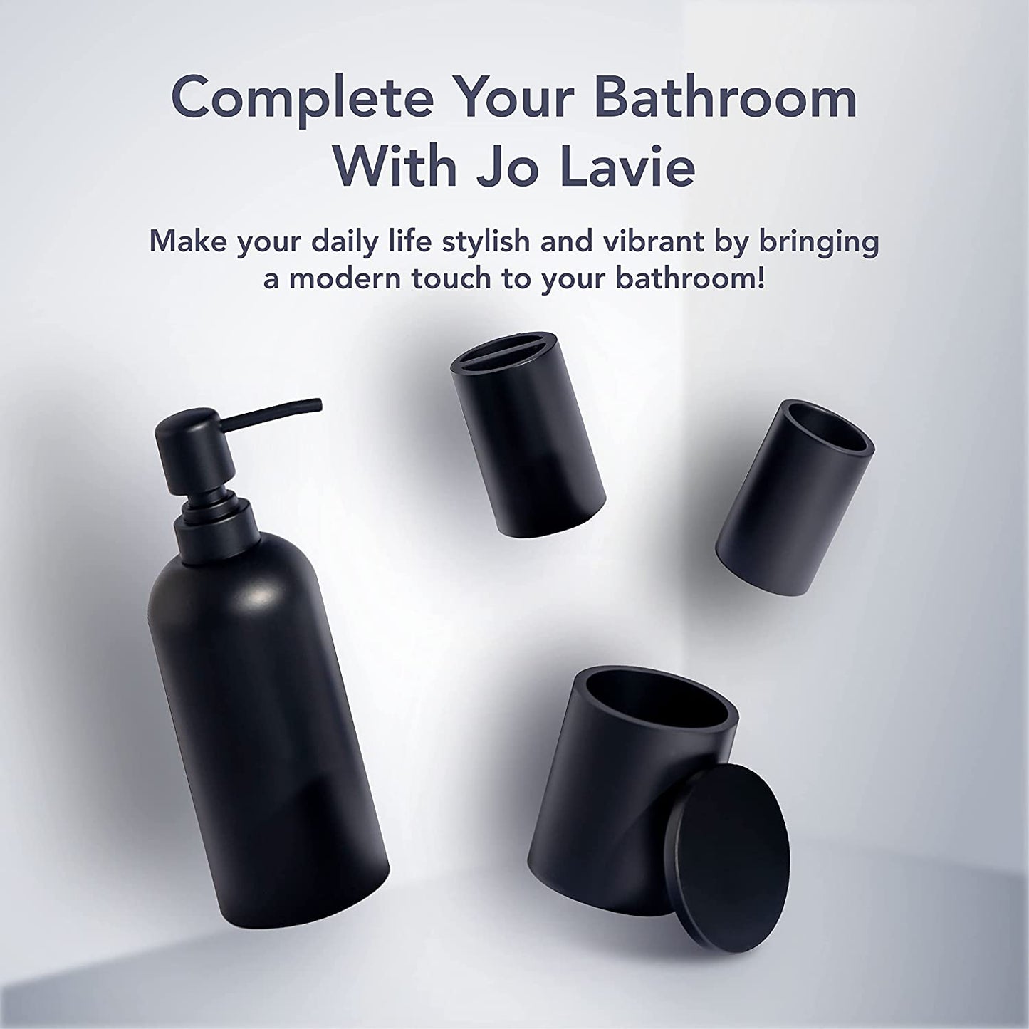 Bathroom Accessories Matte Black Set of 4, Bathroom Organization, Bathroom Accessory Set - Soap Dispenser, Bathroom Jars, Toothbrush Cup, Brush Holder, Made of Resin, Modern Home Decor