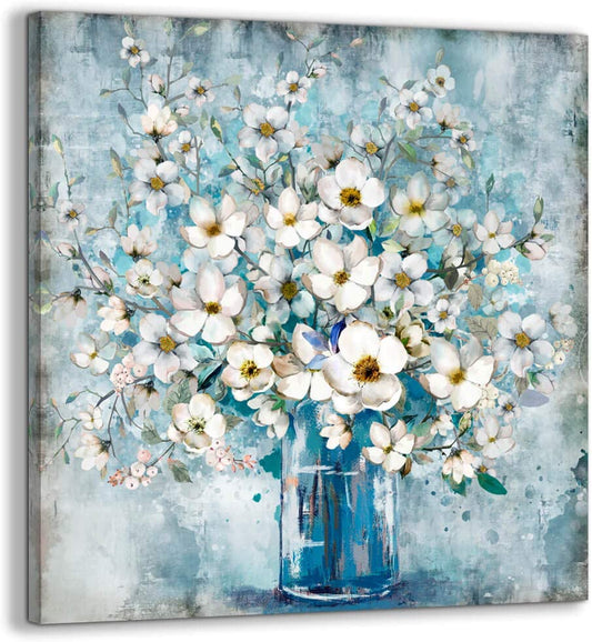 Bathroom Decor Canvas Wall Art Framed Wall Decoration Modern Gallery Wall Decor Print White Flower in Blue Bottle Theme Picture Artwork for Walls Ready to Hang for Kitchen Bedroom Decor Size 14X14