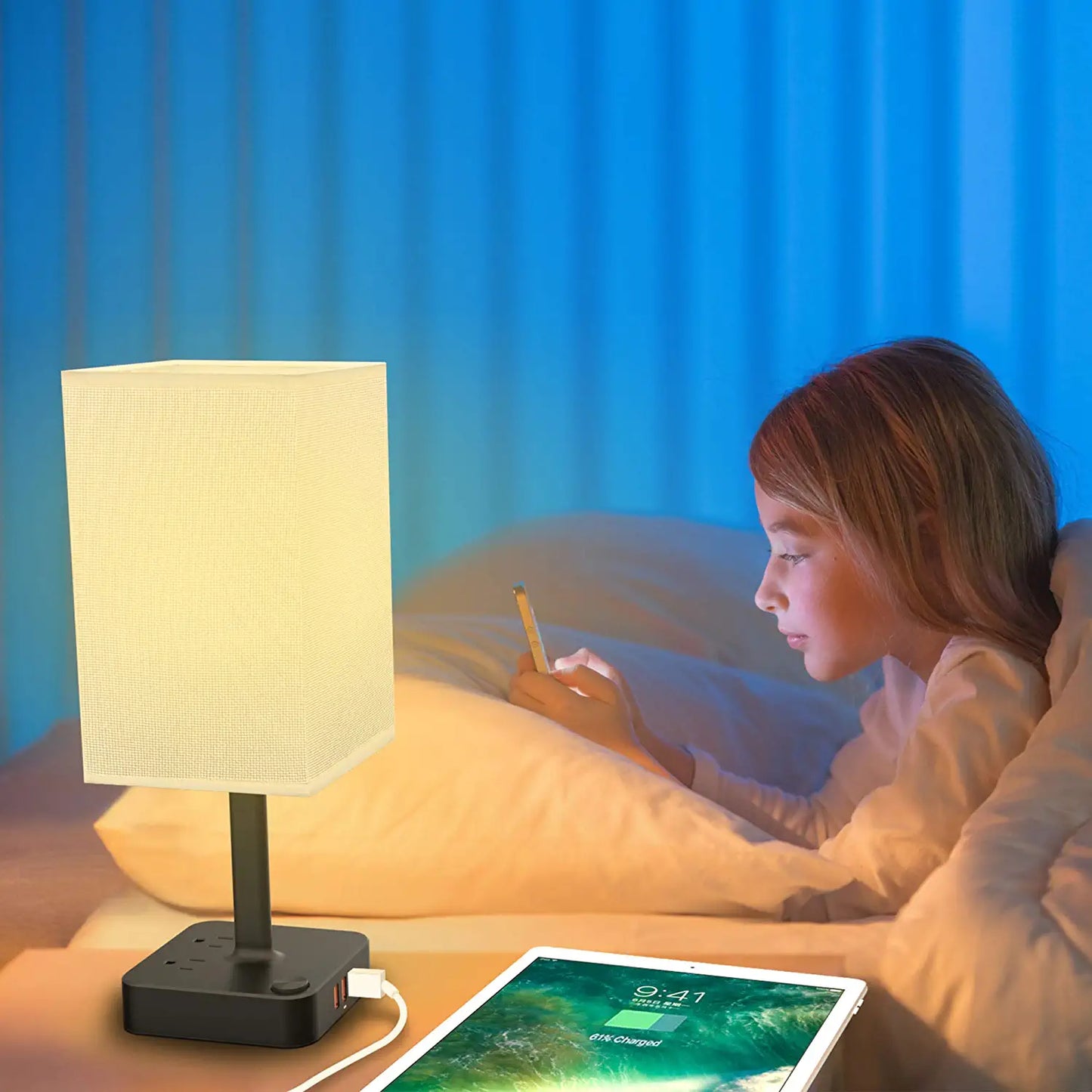 USB Bedside Table & Desk Lamp with 3 USB Charging Ports and 2 Outlets Power Strip,Black Charger Base with White Fabric Shade, LED Light for Bedroom/Nightstand/Living Room