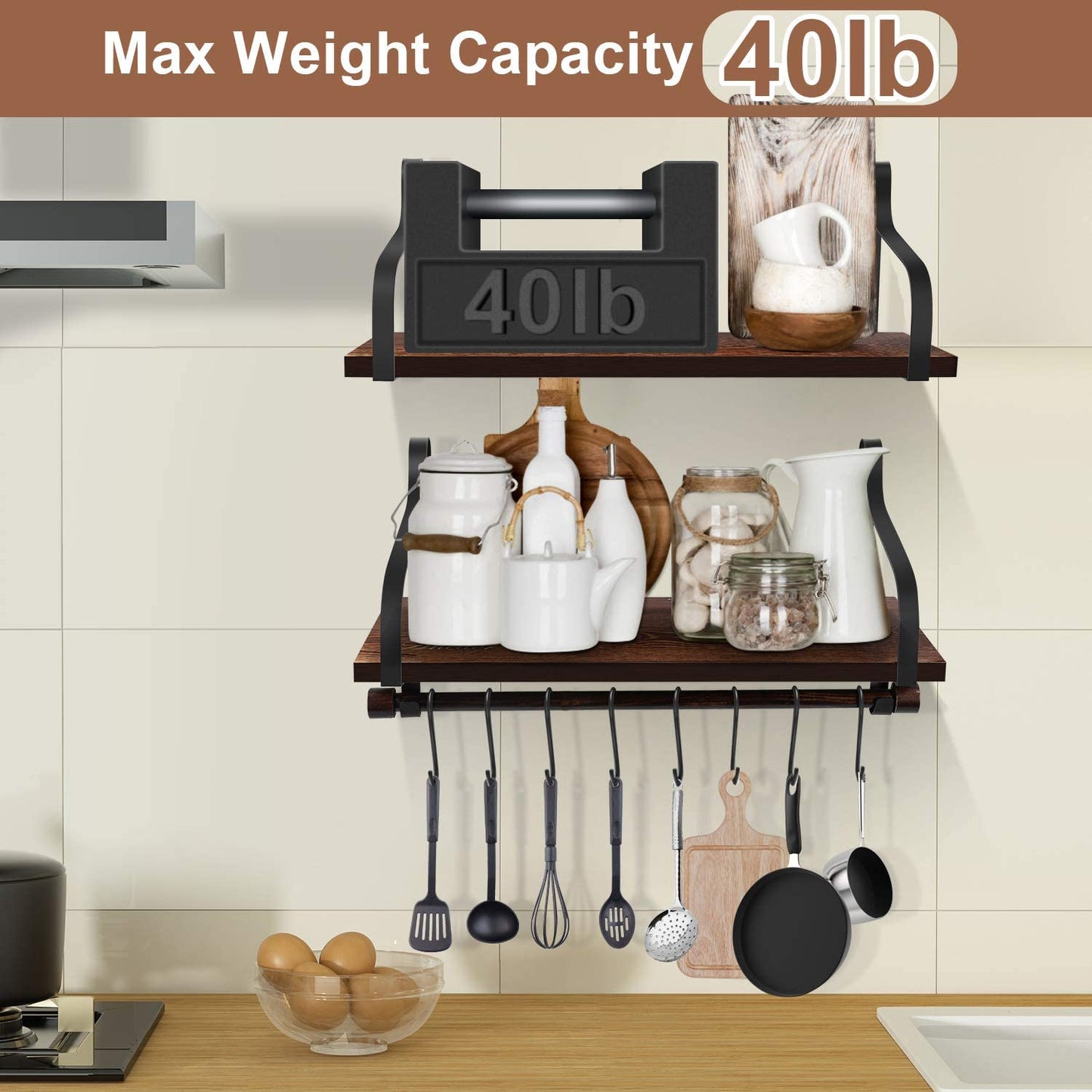 Wall Shelves for Kitchen Storage, Floating Shelves with Towel Bar & 8Pcs Removebal Hooks Floating Shelf for Wall Bathroom Bedroom Living Room Kitchen