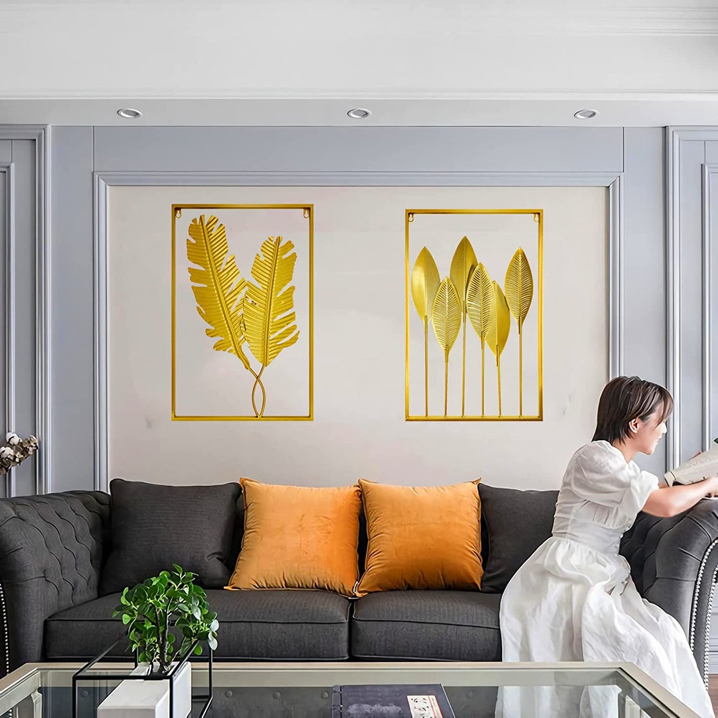 Gold Leaf Wall Decor 2 Piece Art Golden Metal Leaves Home Decorations Living Room Large Hangings Cutout Sculptures Accent Two Decorative Bathroom Modern Bedroom Iron over Couch (2P)
