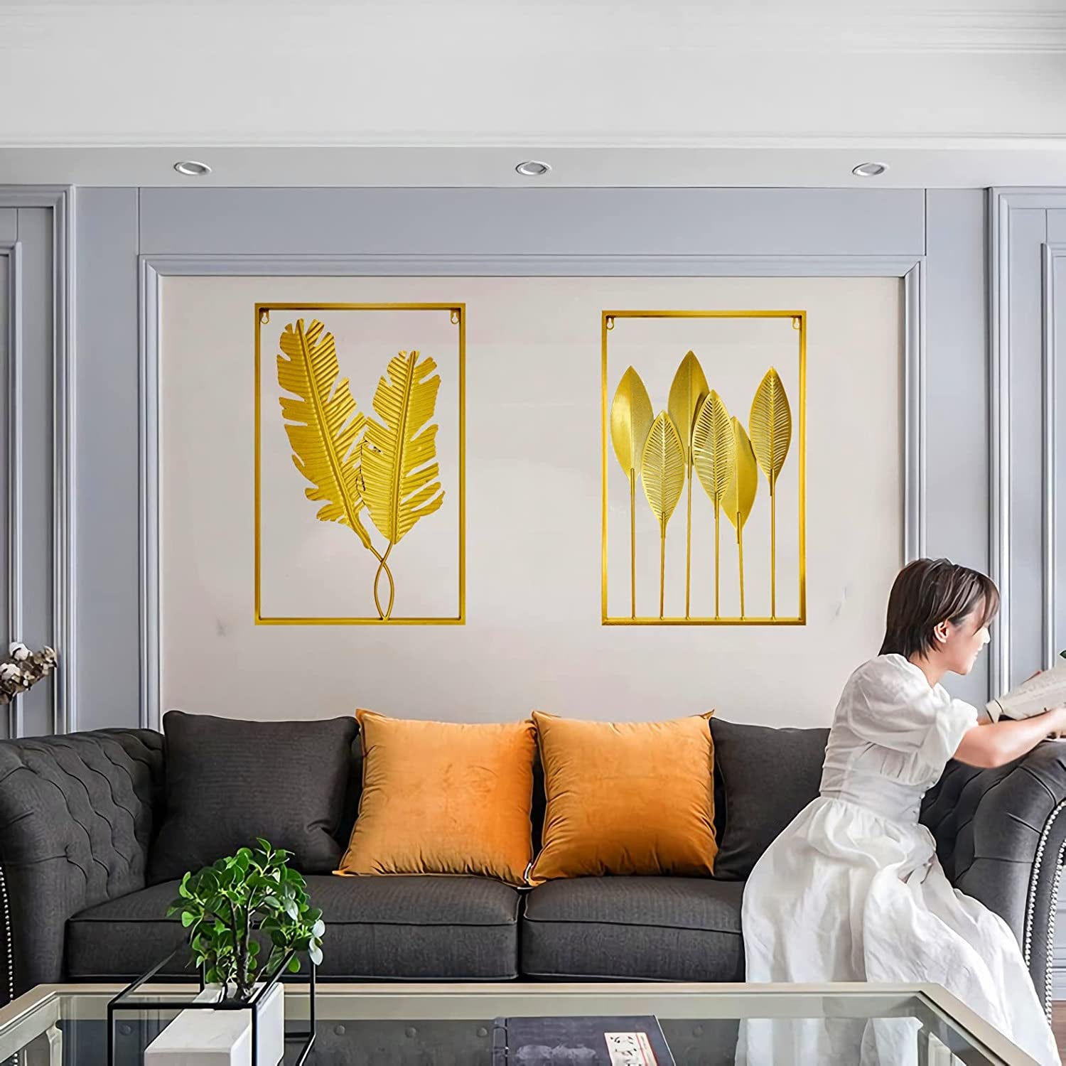 Gold Leaf Wall Decor 2 Piece Art Golden Metal Leaves Home Decorations Living Room Large Hangings Cutout Sculptures Accent Two Decorative Bathroom Modern Bedroom Iron over Couch (2P)