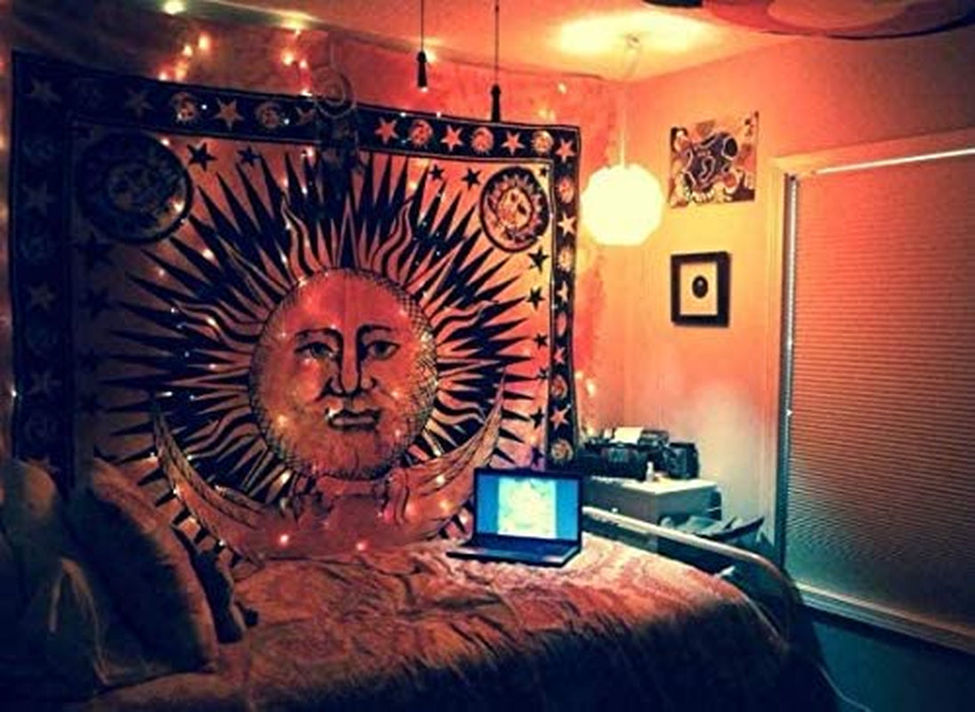 Sun Moon Hippie Tapestry Wall Hanging Aesthetic Indie Wall Tapestry, Hippie Bohemian Decorative Printed Trippy Tapestry for Bedroom Living Room Home Decor (Rainbow 55X82 Inch)
