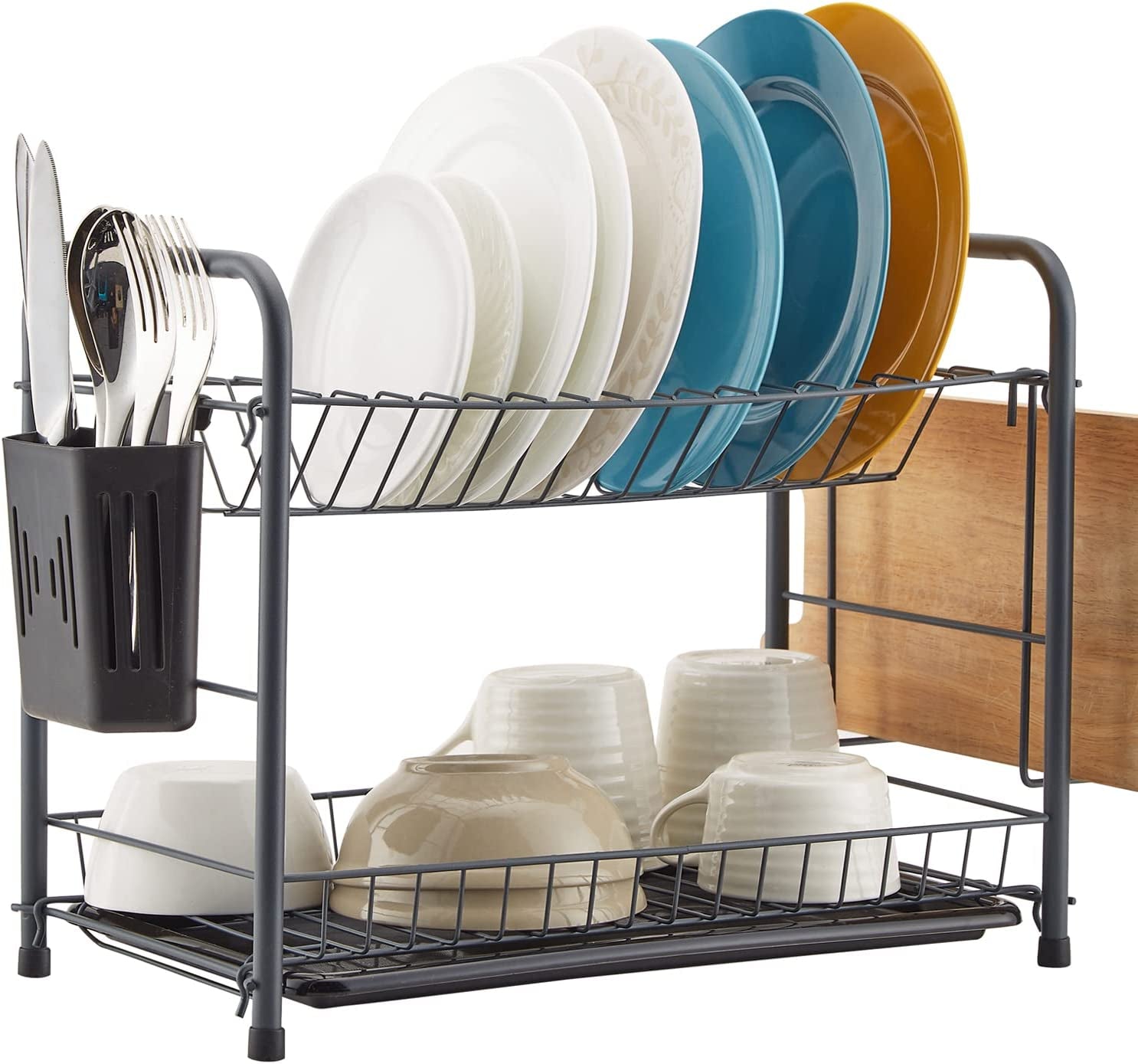 Dish Rack, 2 Tier Dish Drying Rack Kitchen Organizer with Drain Board, Utensil Holder, Cutting Board Holder, Gray