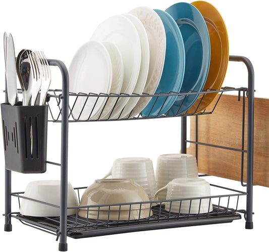 Dish Rack, 2 Tier Dish Drying Rack Kitchen Organizer with Drain Board, Utensil Holder, Cutting Board Holder, Gray