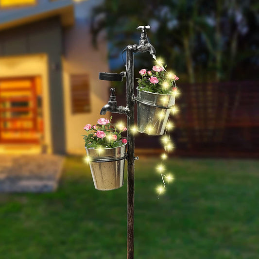 Solar Faucet Garden Stake with Two Planters, LED Lights Flowing Water Retro Metal Faucet Yard Stake Outdoor Plant Holder Flower Pots for Lawn Garden Decorations