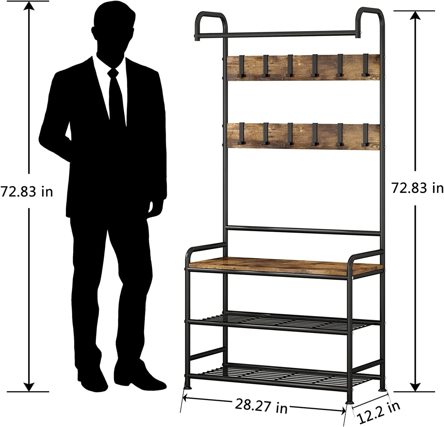 Coat Rack Shoe Bench 3-In-1 Hall Tree with Bench and Shoe Storage for Entryway Heavy Duty MDF Stand Coat Rack Industrial Accent Furniture with Metal Frame, Black (Rustic Black)
