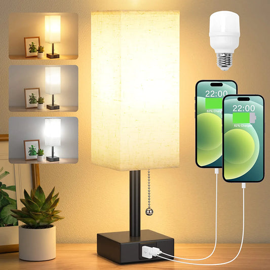 Bedside Table Lamp with 3 Levels Brightness - 2700/3500/5000K Small Lamp with USB C+A Ports, Nightstand Lamp with 3 Color Modes by Pull Chain, Bedroom Lamp for Living Read Work(Led Bulb Included)