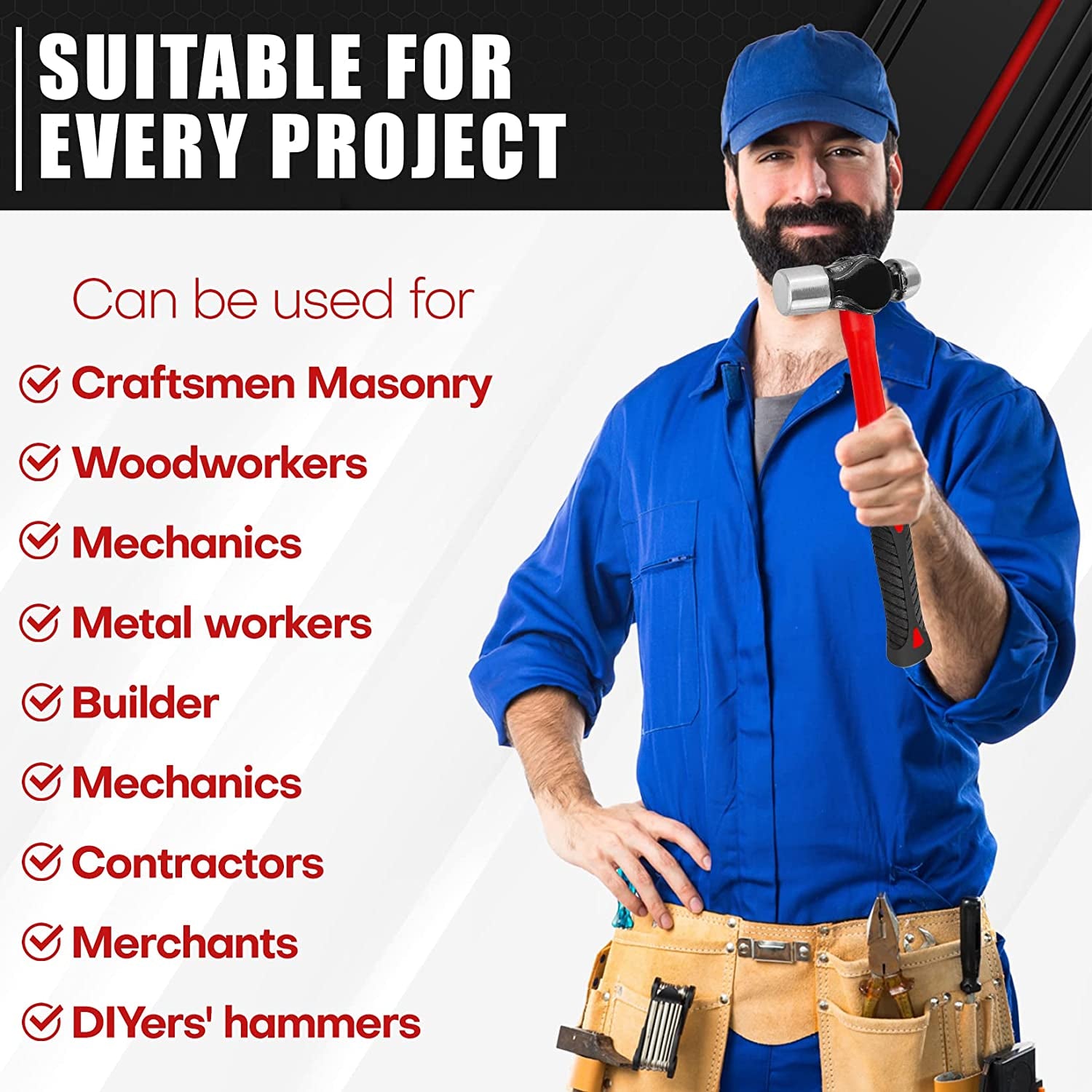 5-Piece Hammer Set, Fiberglass Handle Mallets for Soft Blow Tasks, Shock Reduction Grip Home Garage Kit with Rubber Hammer, Ball Peen Hammer, Sledge Hammer, Cross Peen Hammer