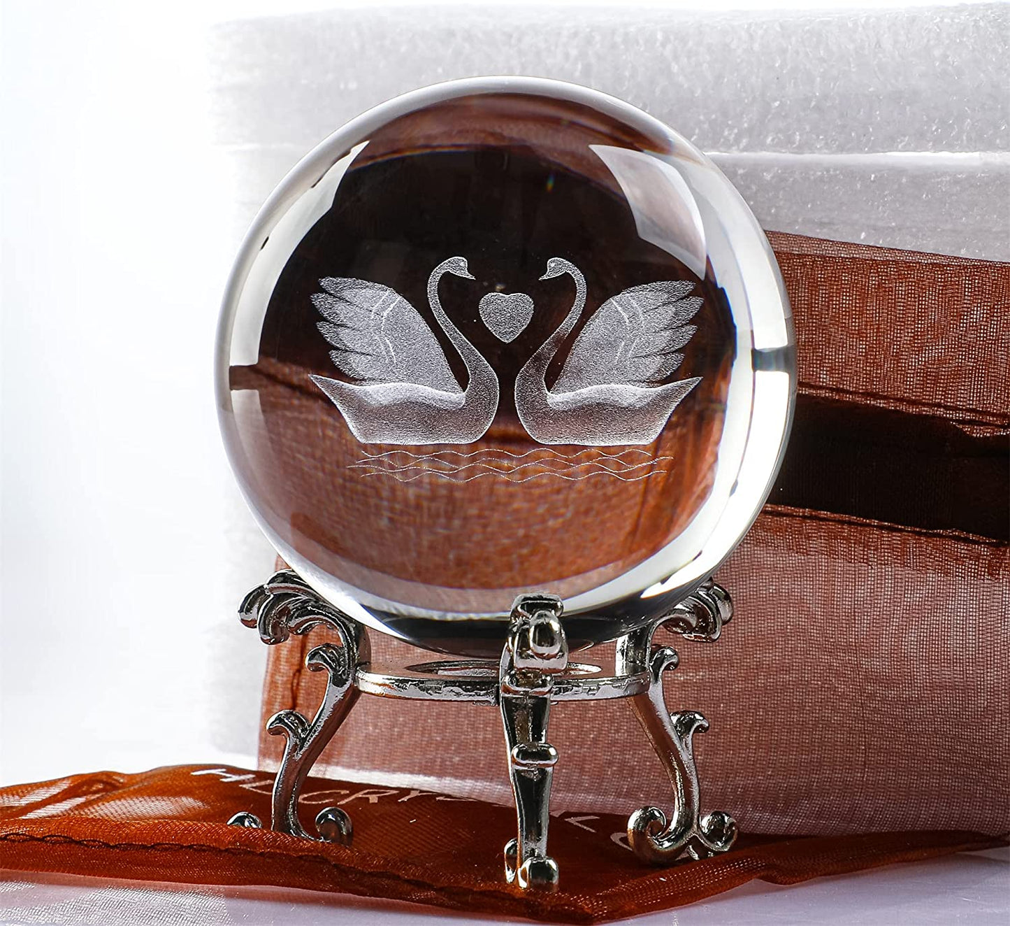 3D Engraving Crystal Double Swan Figurine with Love Heart Sphere 60Mm(2.3Inch) Crystal Ball Paperweight with Stand Base for Girls or Women