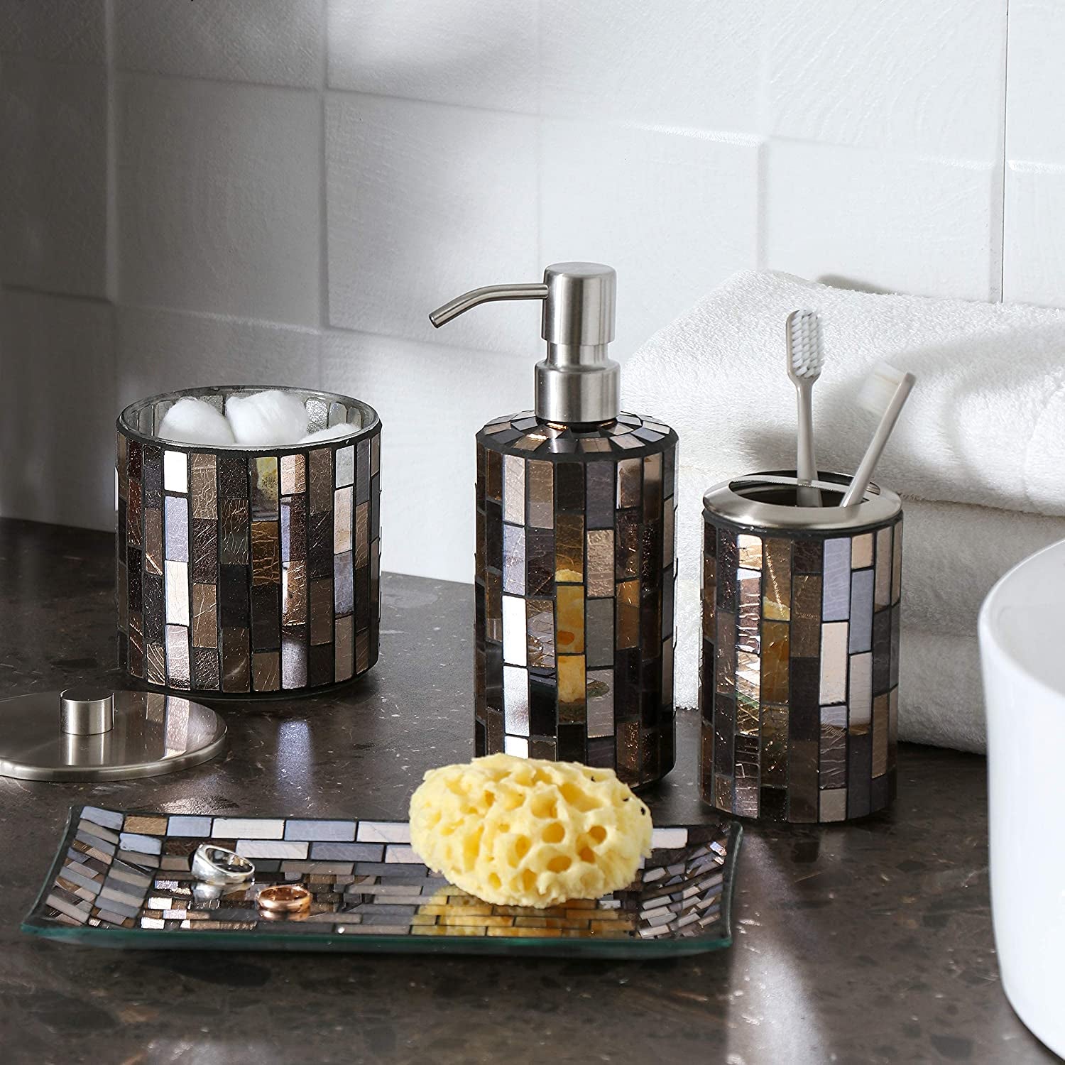 Decorative Glass Bathroom 4-Pcs Accessory Set | Soap Dispenser, Toothbrush Holder, Cotton Jar, Vanity Tray (Black/Gold)