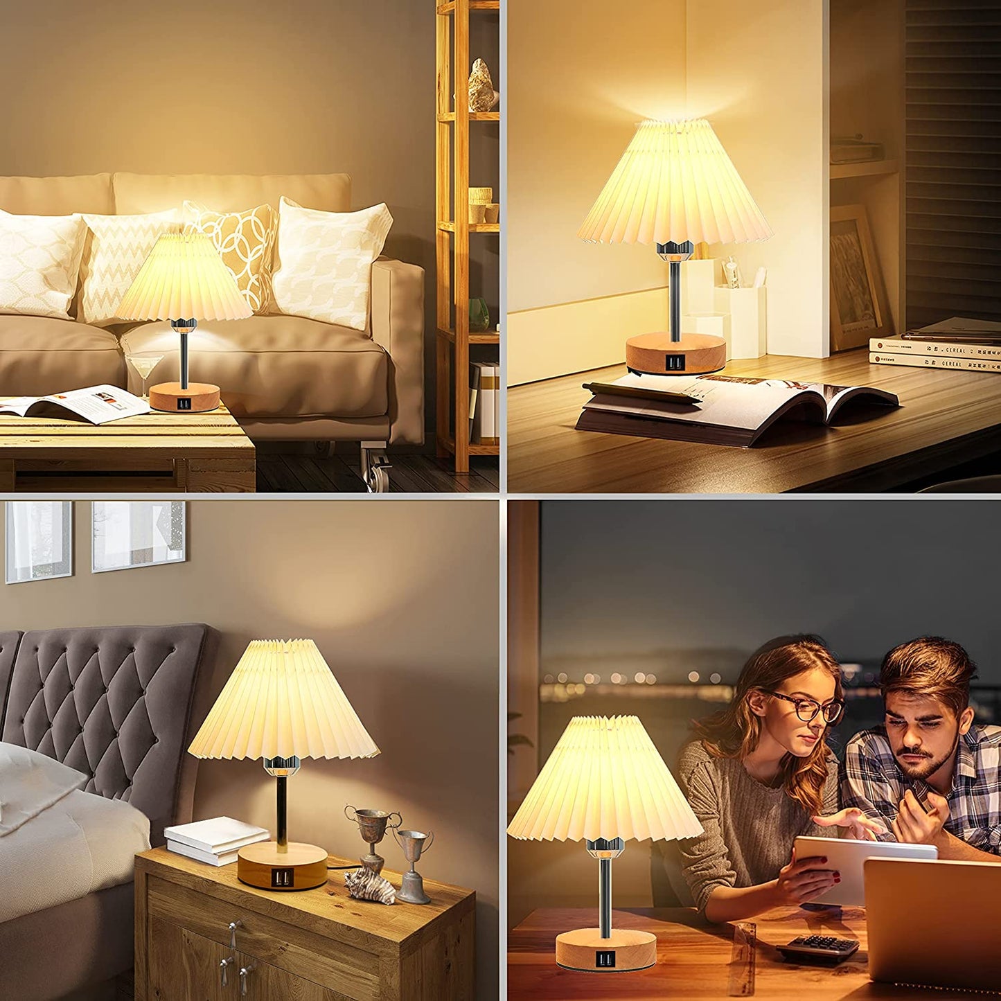 Touch Control Bedside Table Lamp with Dual USB Ports - Nordic Style LED Desk Lamp for Bedroom, 3-Way Dimmable Wooden Nightstand Lamp for Living Room, Kid'S Room, or Home Office ( Adapter Not Included)