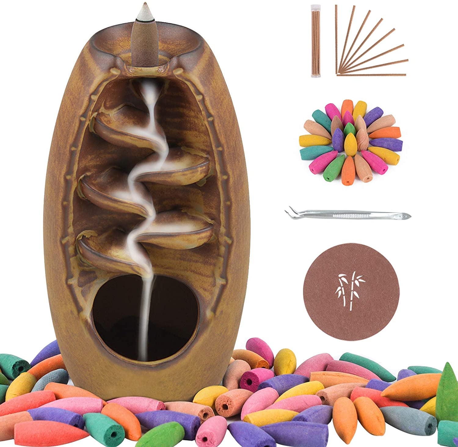 Ceramic Backflow Incense Holder Incense Burner Waterfall, with 120 Backflow Incense Cones & 30 Incense Stick, Aromatherapy Ornament Home Decor, Brown