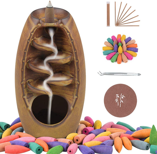 Ceramic Backflow Incense Holder Incense Burner Waterfall, with 120 Backflow Incense Cones & 30 Incense Stick, Aromatherapy Ornament Home Decor, Brown