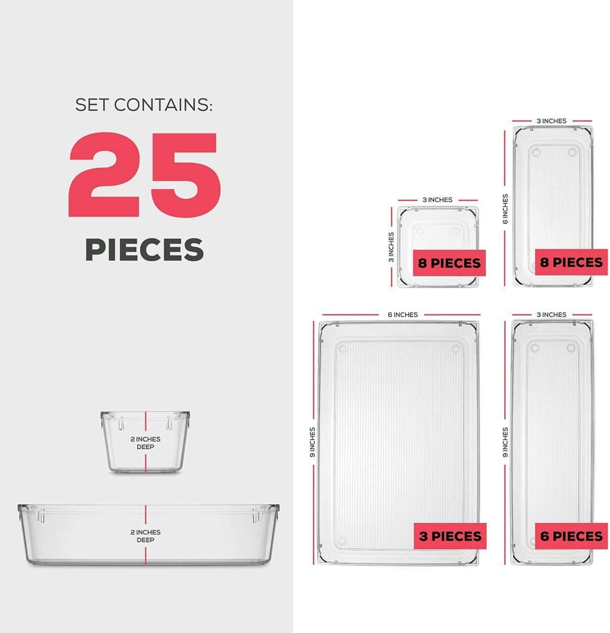 25 Pcs Drawer Organizer Set Dresser Desk Drawer Dividers - 4 Size Bathroom Vanity Cosmetic Makeup Trays - Multipurpose Clear Plastic Storage Bins for Jewelries, Kitchen Gadgets and Office Accessories