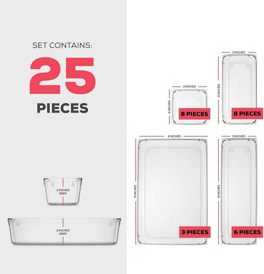 25 Pcs Drawer Organizer Set Dresser Desk Drawer Dividers - 4 Size Bathroom Vanity Cosmetic Makeup Trays - Multipurpose Clear Plastic Storage Bins for Jewelries, Kitchen Gadgets and Office Accessories