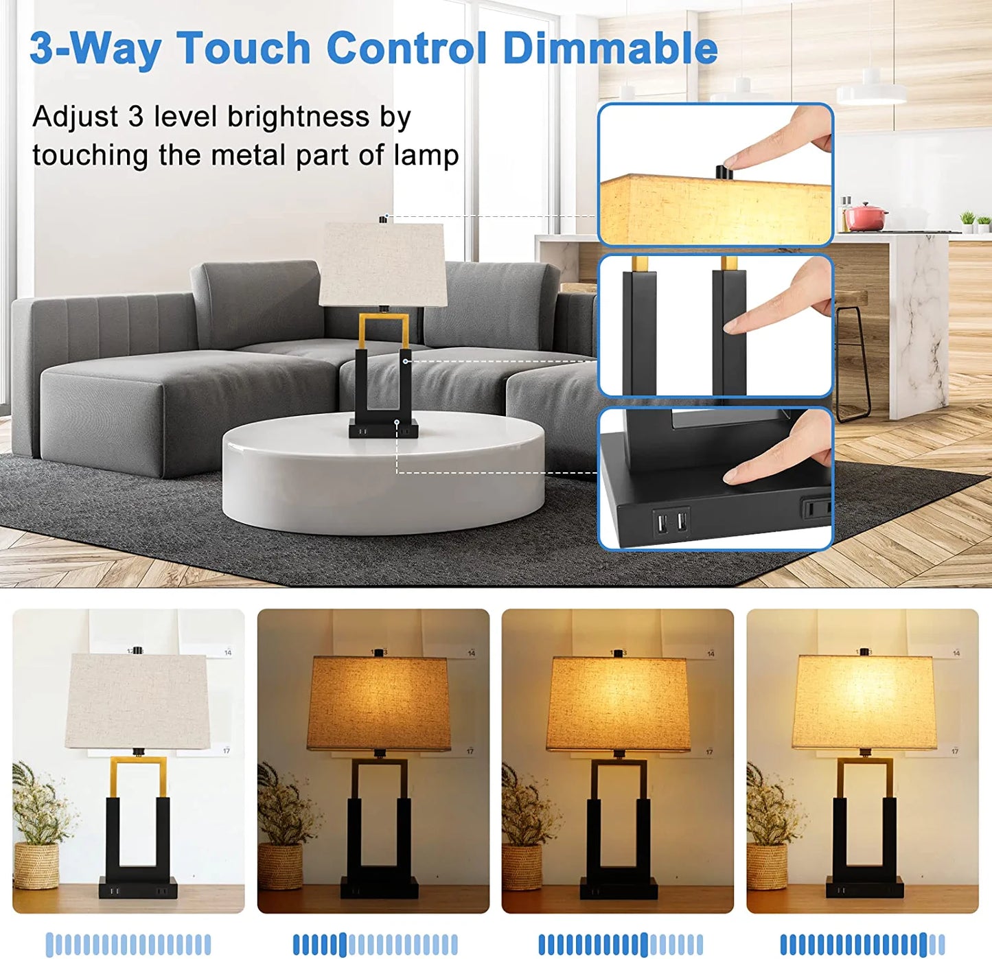 Touch Control Table Lamp with USB Charging Port, 3-Way Dimmable Desk Lamp Modern Nightstand Lamp with Fabric Lampshade for Reading Living Room Office(Dimmable Bulb Included)