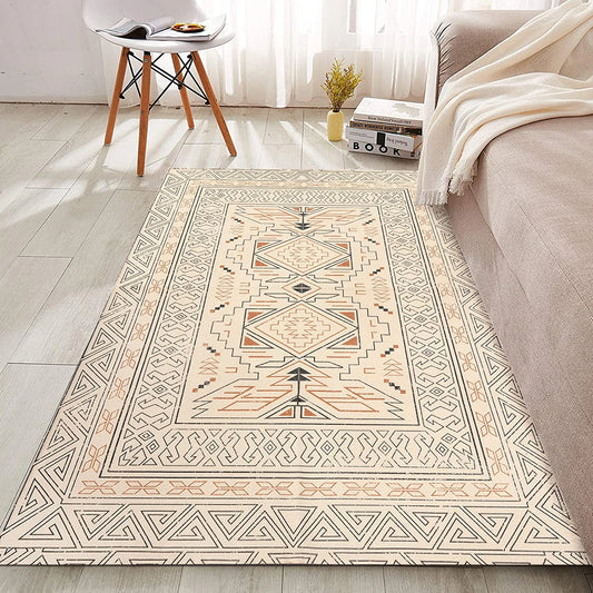 Vintage Oriental Medallion Indoor Area Rug, 4’X6’ Cream Boho Tribal Floor Mat Cotton Hand Woven Machine Washable Bedroom Rug Geometric Farmhouse Large Carpet for Kitchen Office Living Room