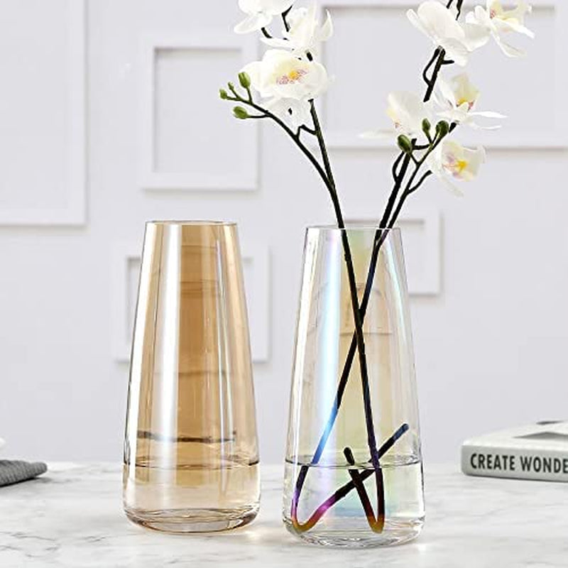 Flower Glass Vase for Decor Home Handmade Modern Large Flower Vases for Centerpieces Living Room Kitchen Office Wedding 8.7 Inch ( Iridescent Clear )