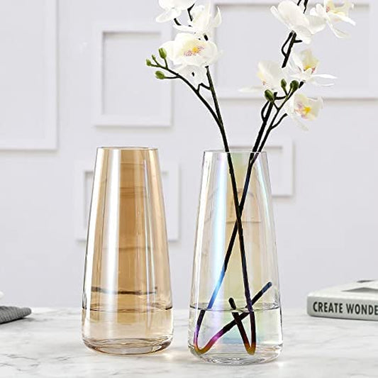 Flower Glass Vase for Decor Home Handmade Modern Large Flower Vases for Centerpieces Living Room Kitchen Office Wedding 8.7 Inch ( Iridescent Clear )