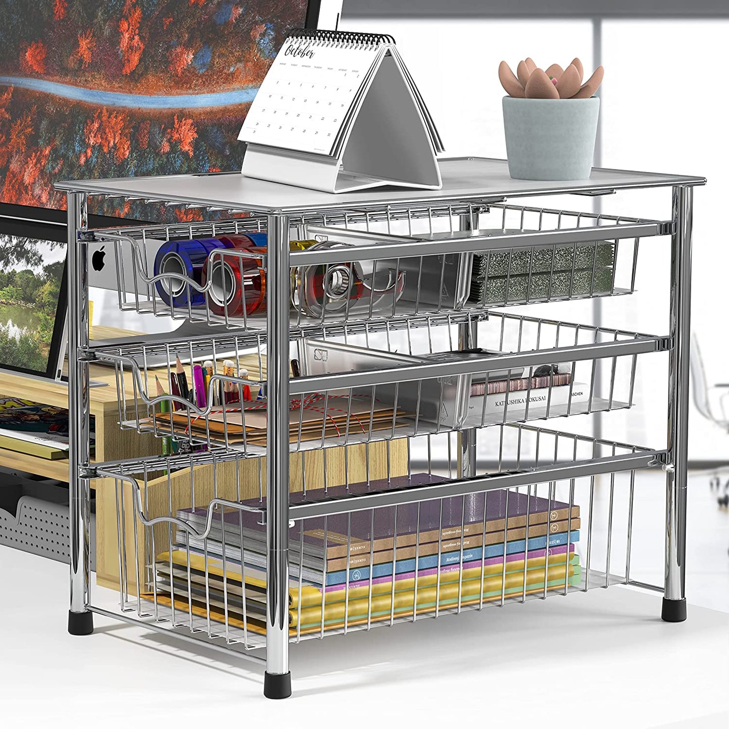 Stackable 3 Tier Sliding Basket Organizer Drawer, Chrome