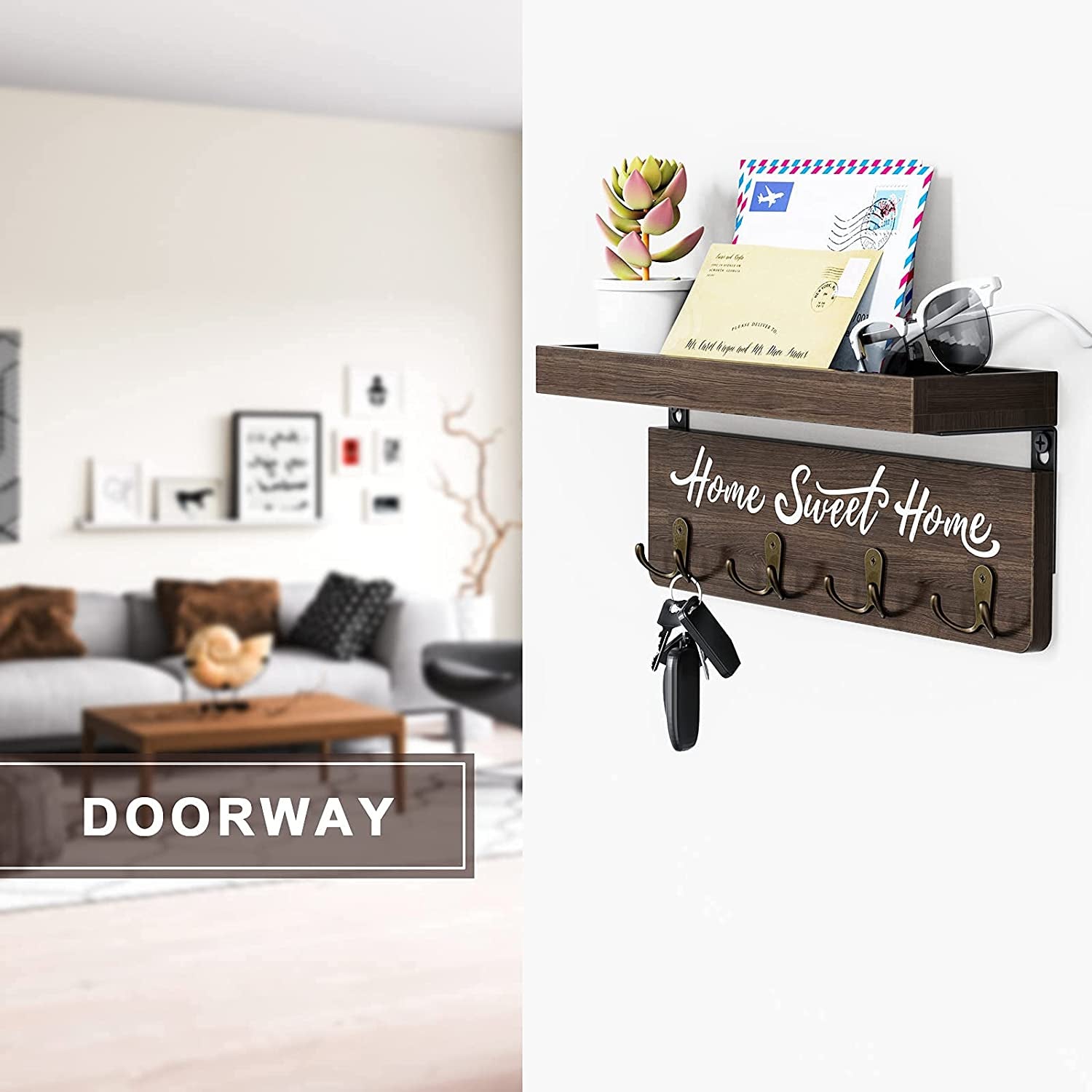Wall-Mounted Key and Mail Holder, Wooden Key Rack with 4 Double Key Hooks, Rustic Home Decor for Entryway