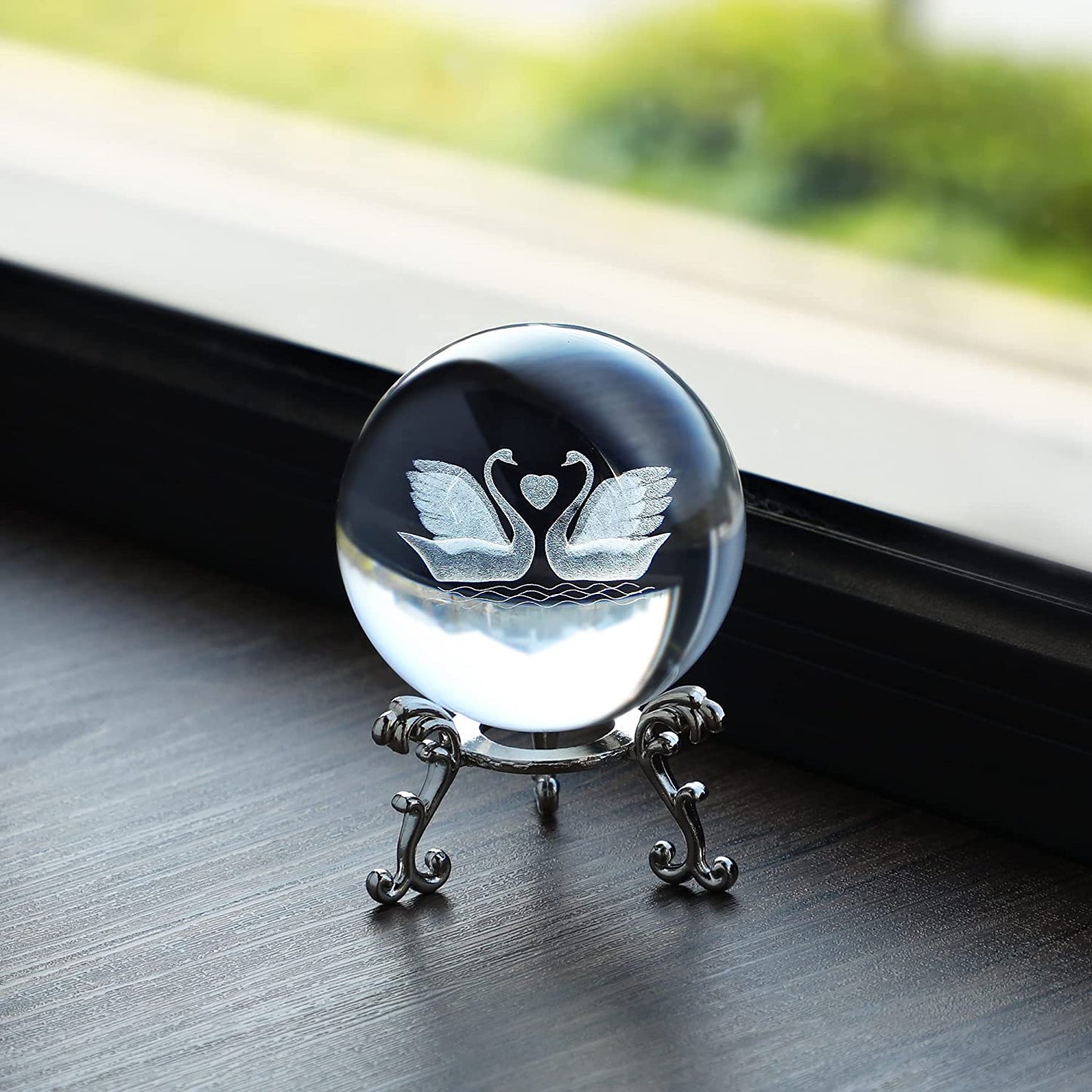 3D Engraving Crystal Double Swan Figurine with Love Heart Sphere 60Mm(2.3Inch) Crystal Ball Paperweight with Stand Base for Girls or Women