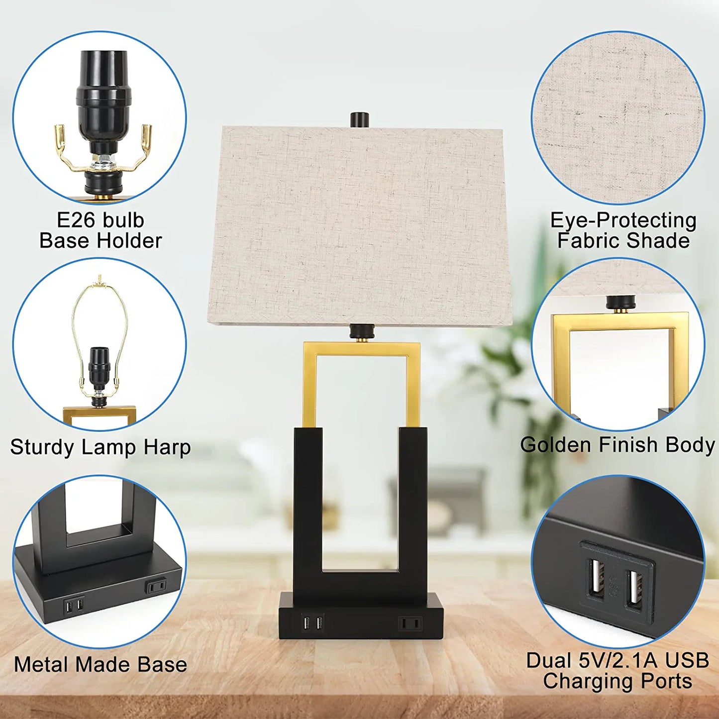 Touch Control Table Lamp with USB Charging Port, 3-Way Dimmable Desk Lamp Modern Nightstand Lamp with Fabric Lampshade for Reading Living Room Office(Dimmable Bulb Included)