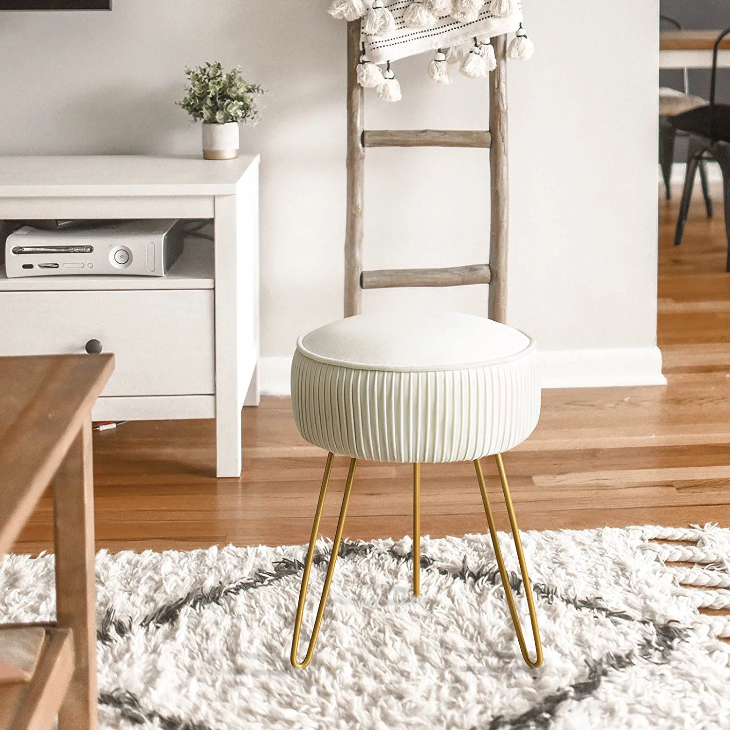 Mid Century Modern Velvet Upholstered Pleated round Footrest Stool Ottoman with Metal Legs, Home Multifunctional Luxury Ottoman Suitable for Living Room and Bedroom