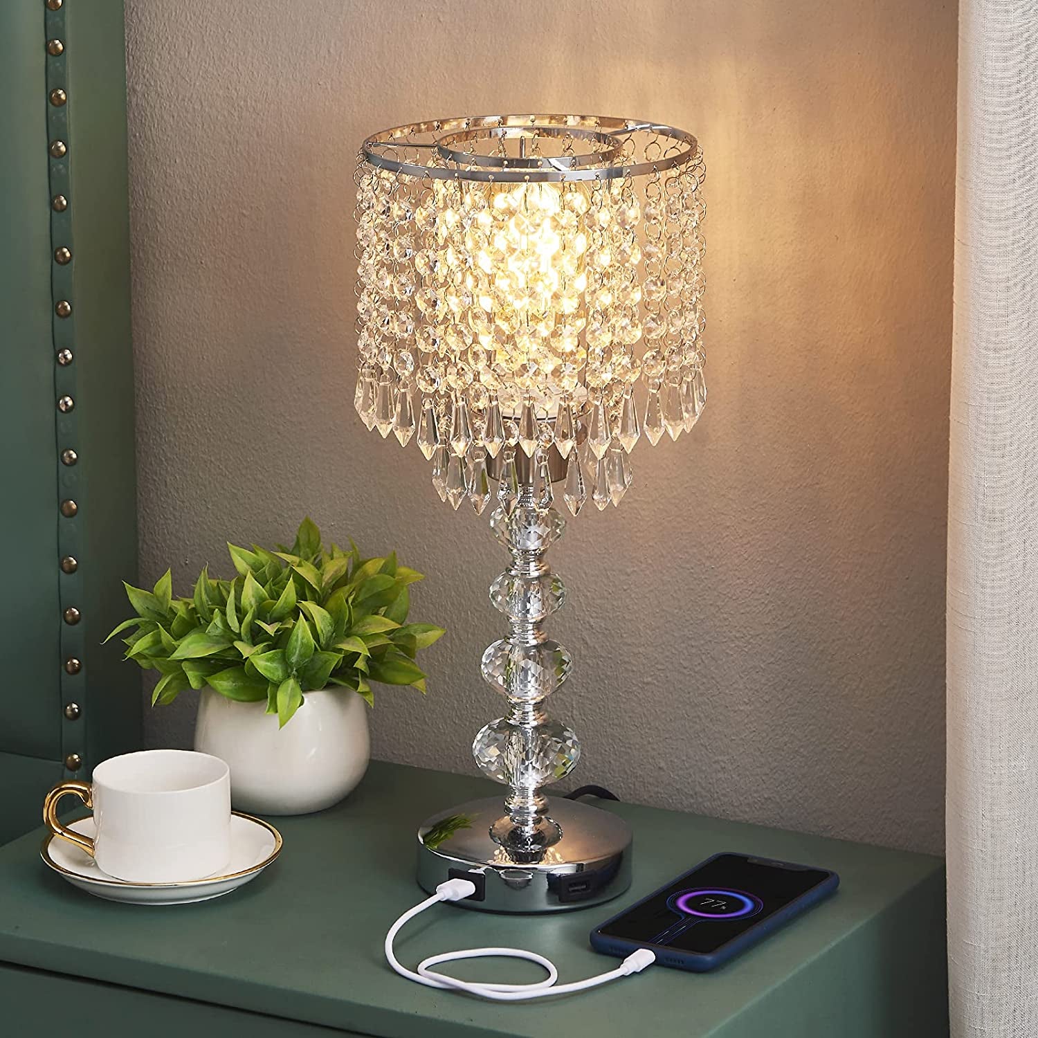 Crystal Table Bedside Lamp Touch Control, 3-Way Dimmable and Bulb Included,  Medium Nightstand Lamp with 2 USB Charging Ports, Decorative Tabletop Lamp for Bedroom, Living Room and Guest Room